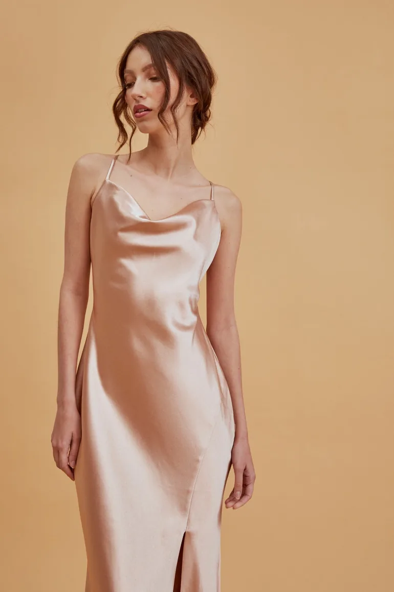 Shop Pippa Champagne Satin Bridesmaid Cowl-Neck Slip Dress Online in Bahrain