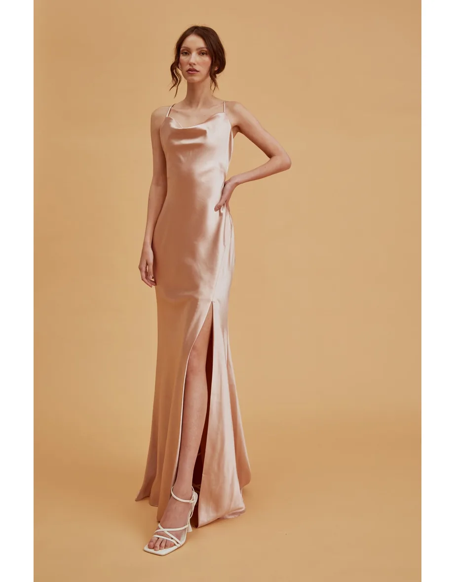 decadence satin dress champagne True Decadence V neck midi dress in champagne satin