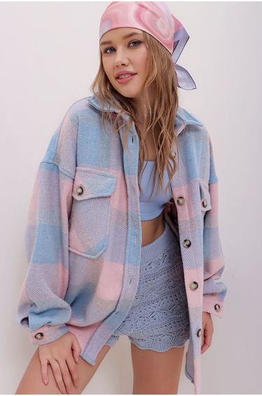 Women's Powder Checkered Patterned Stamped Cotton Oversized Jacket Shirt