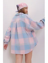 Women's Powder Checkered Patterned Stamped Cotton Oversized Jacket Shirt - 4