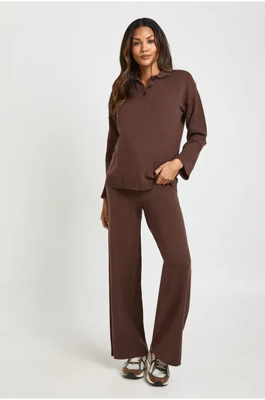 Maternity Collared Button Down Jumper And Straight Leg Trouser Co-Ord - chocolate
