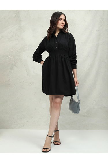 Solid Cotton Collared Mini Dress with Smocked Detail