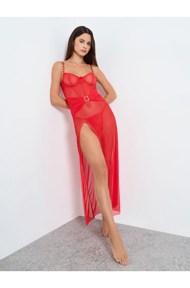 Rhinestone Shoulder Straps Wired Split Hem Mesh Slip Dress