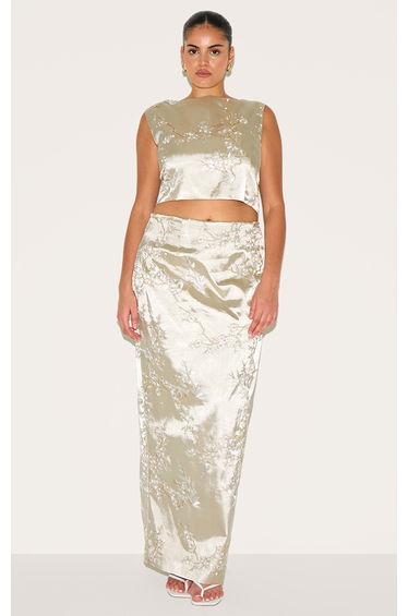 Plus Pastel Green Floral Embroidered Racer Neck Crop Top