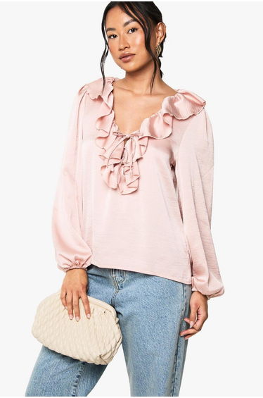 Hammered Satin Ruffle Blouse - blush