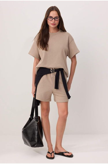 Mink Oversize Low Sleeve Short Sleeve 2 Thread Combed Cotton Knitted Bottom-Top Set