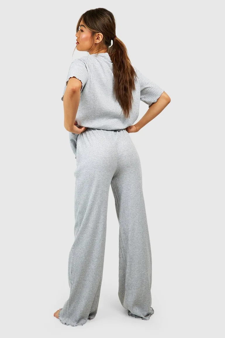 Rib Wide Leg Trouser - grey marl - 1