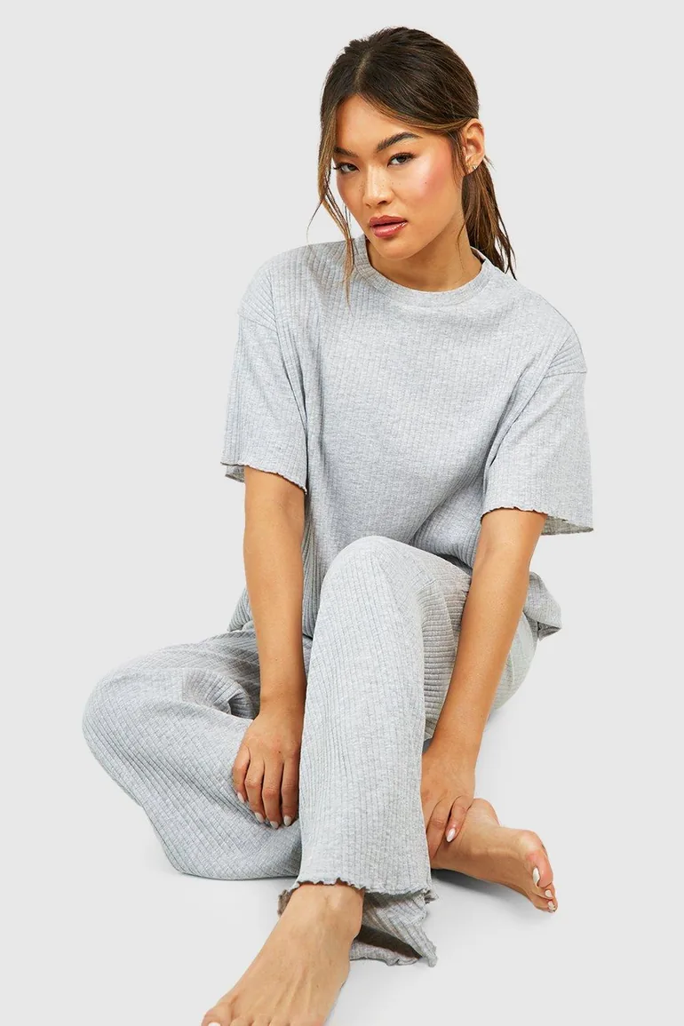Rib Wide Leg Trouser - grey marl - 2