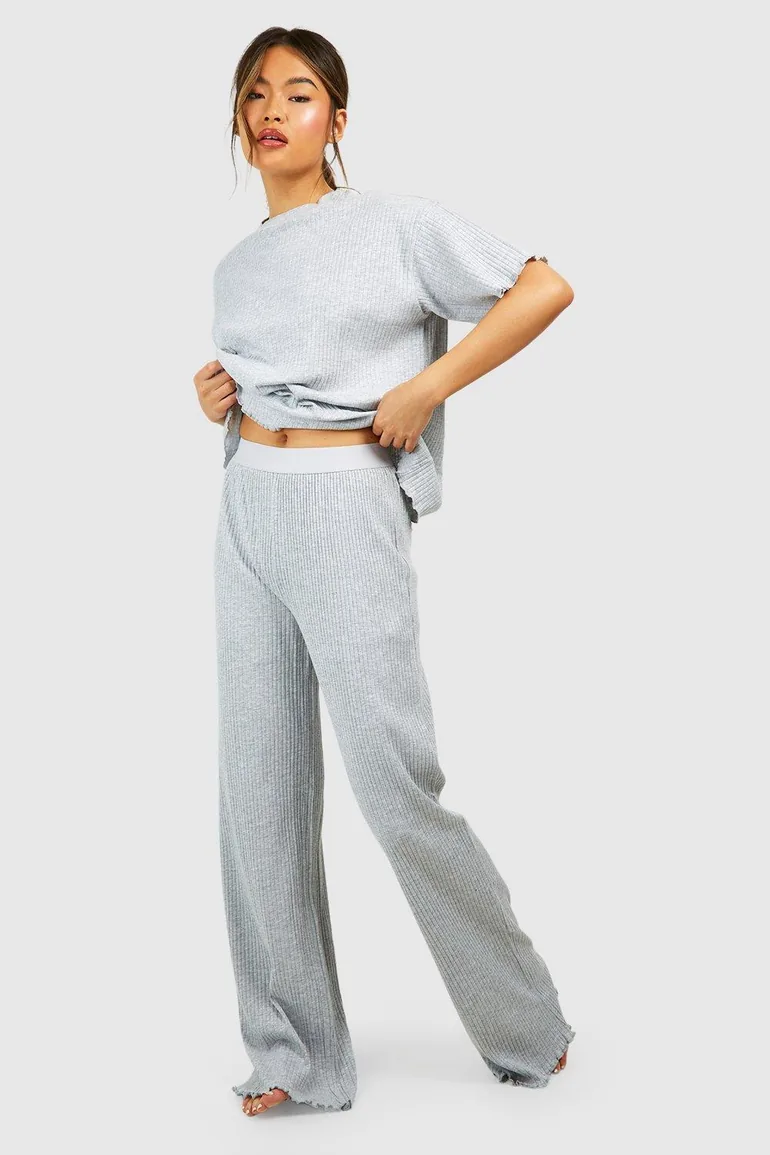 Rib Wide Leg Trouser - grey marl