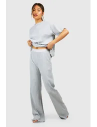 Rib Wide Leg Trouser - grey marl