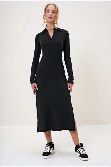 Women's Black Polo Neck Half Placket Side Slit Interlock Fabric Dress