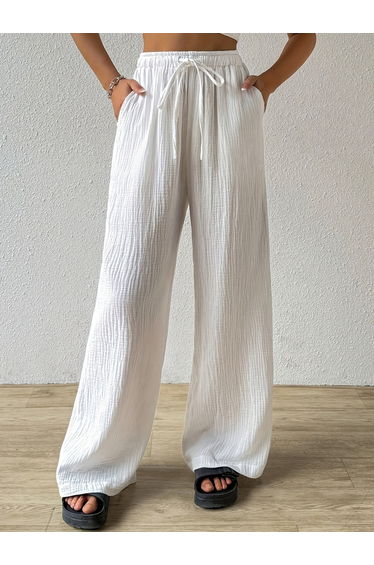 White Textured Straight Leg Pants