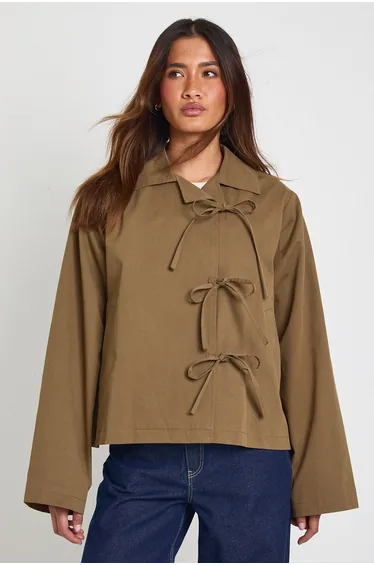 Bow Tie Detail Trench Jacket - taupe