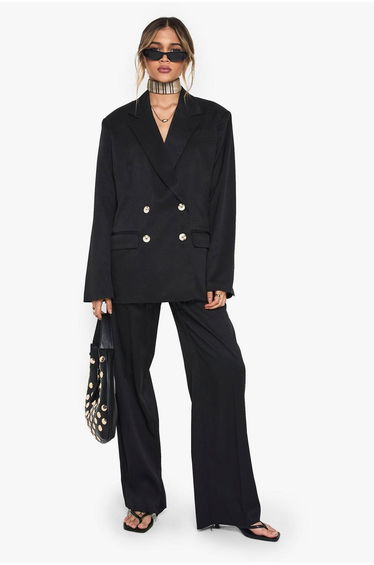 Woven Tailored Frayed Hem Blazer - black