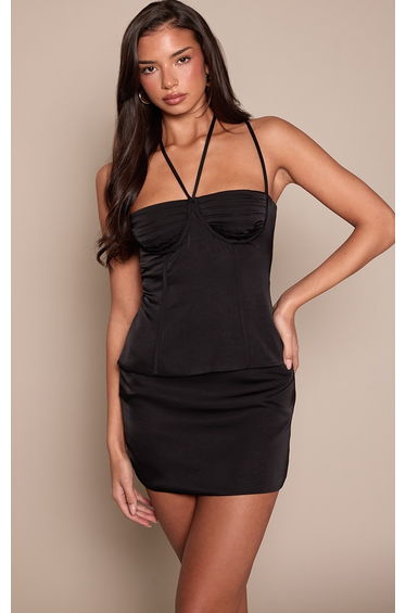 Black Satin Ruched Bust Corset Mini Dress