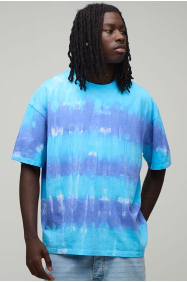 Oversized Striped Tie Dye T-Shirt - blue