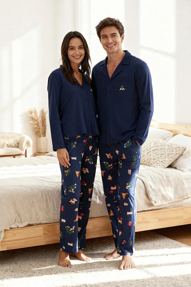 Navy Blue Regular Fit New Year's Patterned Couple Knitted Pajama Set - 5