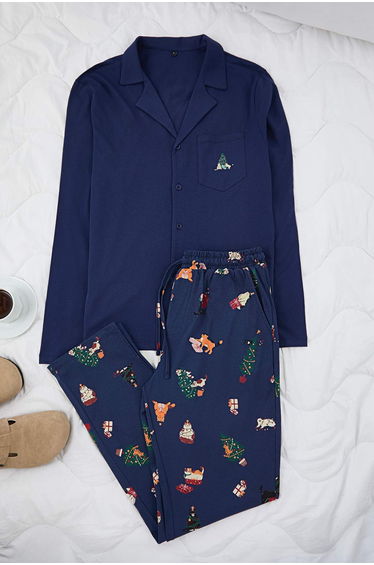 Navy Blue Regular Fit New Year's Patterned Couple Knitted Pajama Set