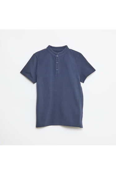 Plain Cotton Piqué Tunisian T-Shirt Navy