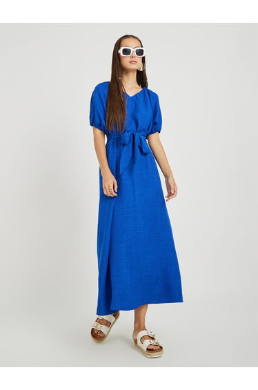 Solid Puff Sleeve V-Neck Dress