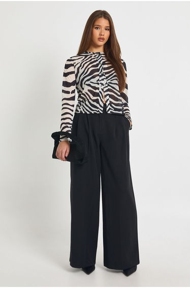 Zebra Print Mesh Button Through Top - black_white