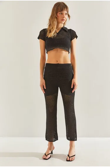 LUCCI Textured Knit Crop Top and Flared Pants Set