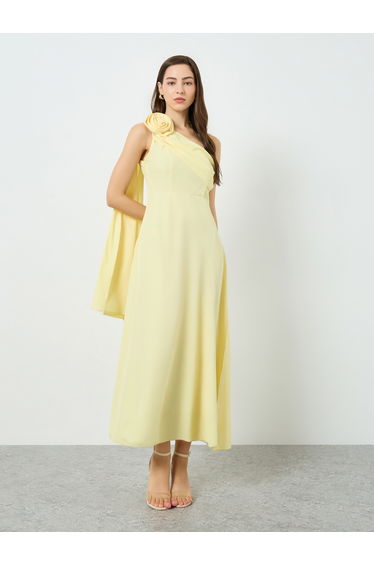 Women Yellow One Shoulder Cape Sleeve Maxi Dress