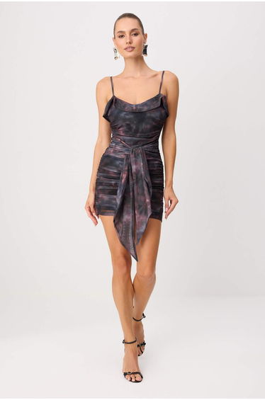 Multi-Colored Abstract Patterned Tulle Short / Mini Dress