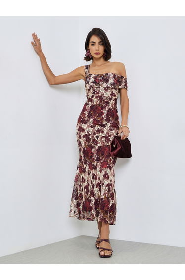 Red One-Shoulder Floral Lace Maxi Dress
