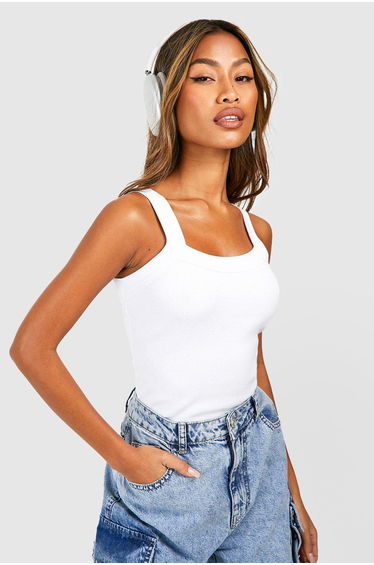 Rib Thick Binding Curved Strap Vest - white