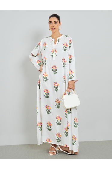 White Floral Print A-Line Jalabiya