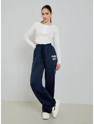 Dark Blue Wide Leg Joggers with Print Detail