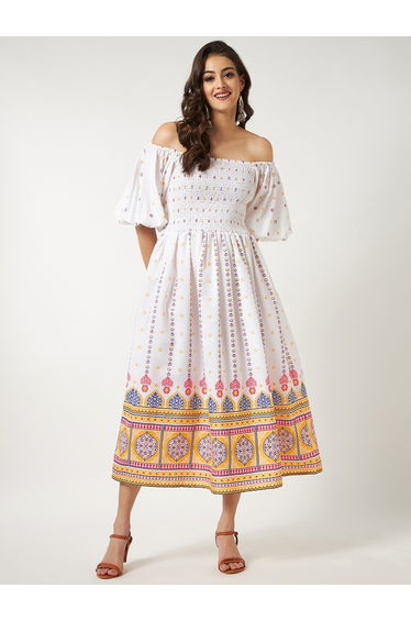 White Boho Printed Off Shoulder Midi Dress