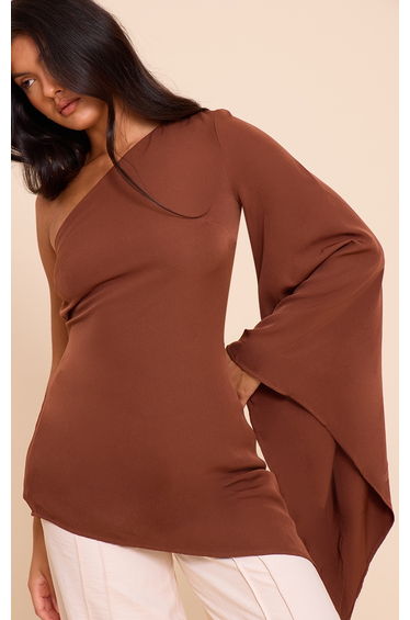 Chocolate Woven Asymmetric Flare Sleeve Long Top