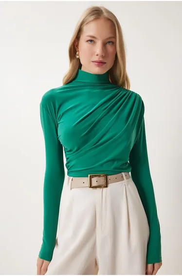 Women's Vivid Green Gathered Detailed Stand Collar Sandy Blouse