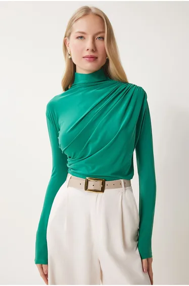 Women's Vivid Green Gathered Detailed Stand Collar Sandy Blouse