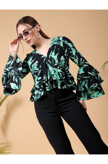 Women Black Tropical Print Top with Layered Sleeve