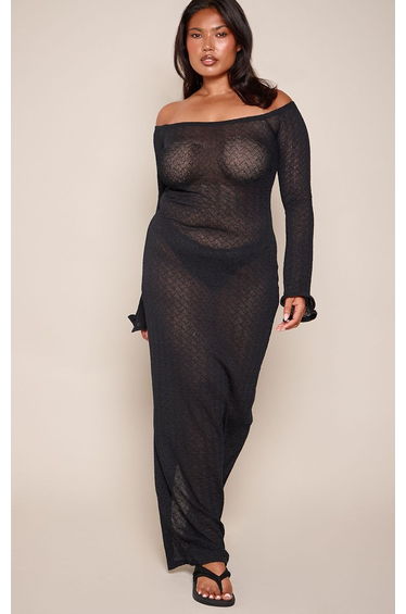Plus Black Textured Long Sleeve Maxi Dress