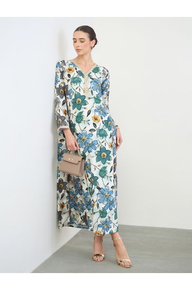 Floral Print Jalabiya with Gold Lace Trim