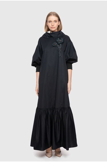 Applique Embroidered Long Black Poplin Dress