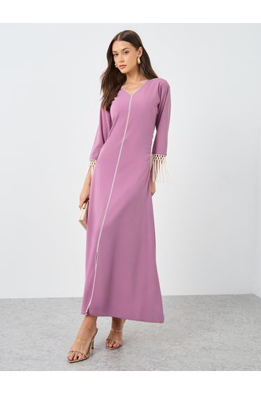Solid V-Neck A-Line Maxi Dress with Tassel Detail