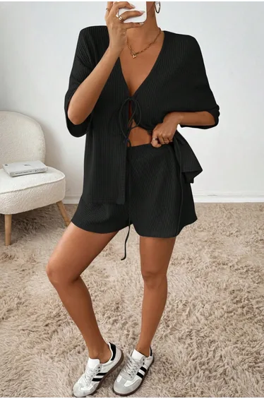 Women's Black Short Sleeve Tie-Up Waffle Bottom-Top Shorts Set