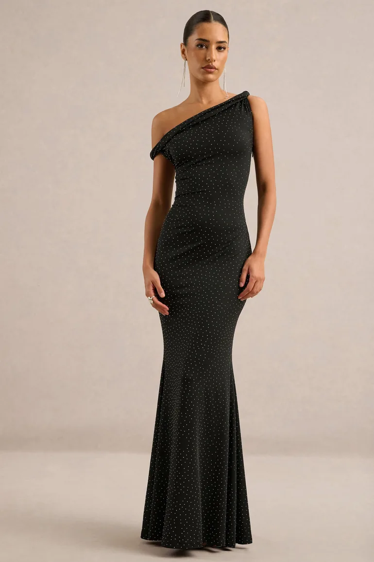 Elfrida | Black Hotfix Twisted Asymmetric-Neck Maxi Dress - 4
