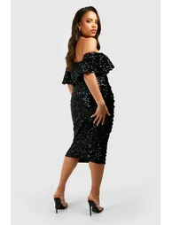 Plus Sequin Off The Shoulder Midi Dress - black - 1