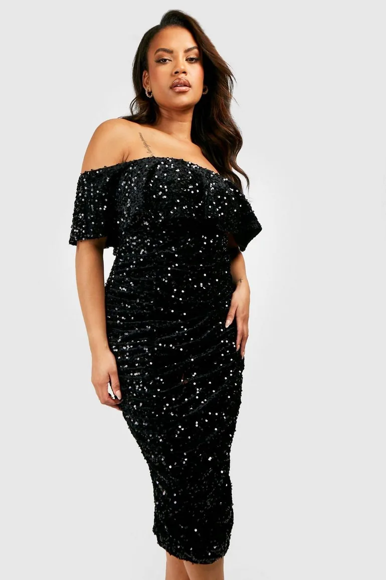 Plus Sequin Off The Shoulder Midi Dress - black - 2