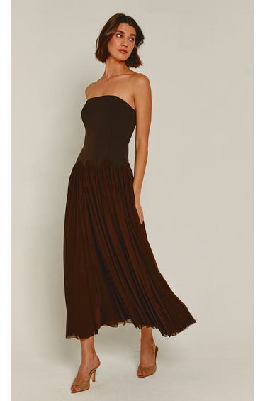 Brown Scallop Curve Waist Maxi Dress