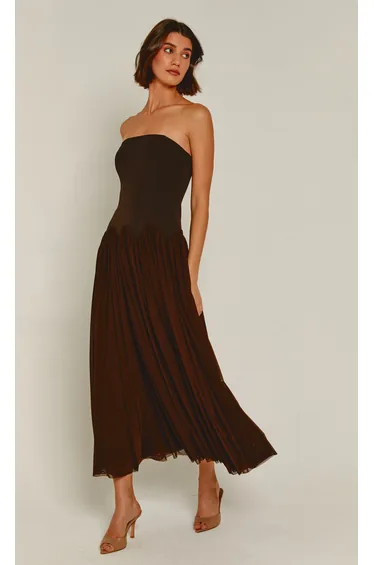 فستان ماكسي بحواف سكالوب - بني