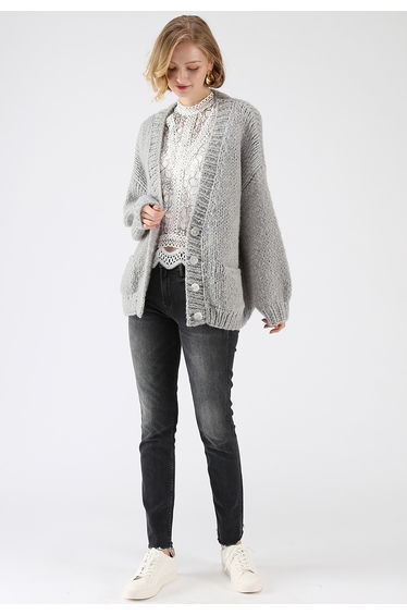Pause for the Cozy Chunky Hand Knit Cardigan in Grey