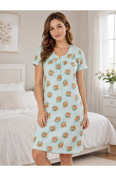 Green Printed Nightdress with Button Placket