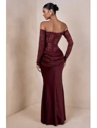 Rinna | Burgundy Lace Bardot-Neck Maxi Dress - 1